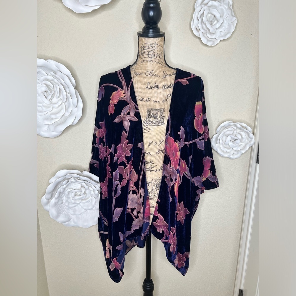 Entro Velvet Navy Blue & Burgundy Sheer Floral Kimono Size Medium/Large